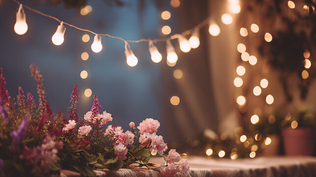 Bokeh flower light garden background glow romantic evening celebration dreamy curtain table decor string bulb festive blur
