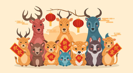 Obraz premium Festive animals and pets celebrating Lunar New Year with red envelopes and lanterns in a joyful illustration