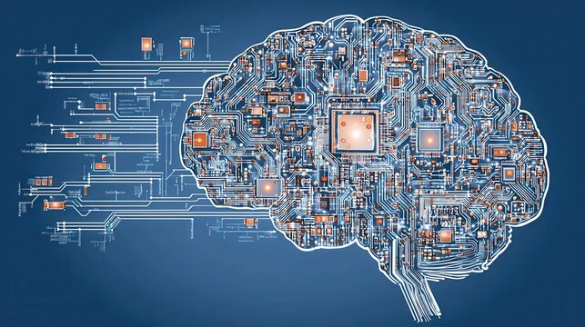 schematic of human brain and communication via circuit-board, artificial intelligence.