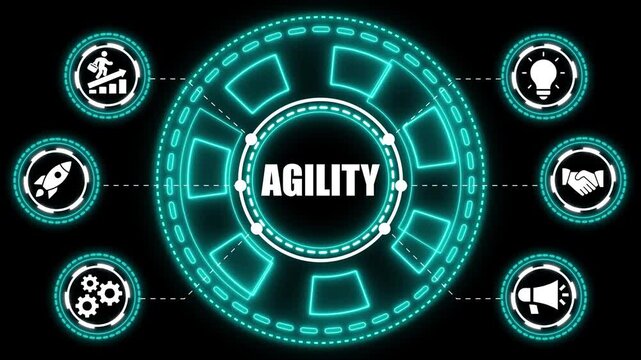 A central neon blue glowing circle on a dark background displays the word "AGILITY" in white. Radiating outwards via dashed lines are six white circular icons: a figure climbing a bar graph, a rocket,