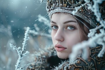 Fototapeta premium Beautiful model wearing kokoshnik and medieval armor posing in a winter forest during a snowfall