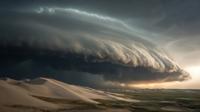 Sculpted super-cell, a mesocyclone weather formation thunderstorm clouds, drifting majestically across the Nebraska sand hills.