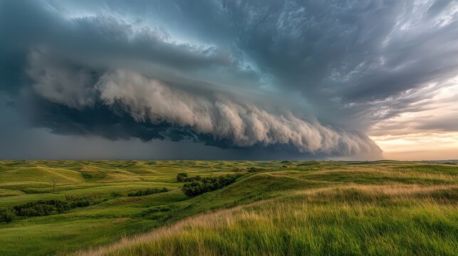 Sculpted super-cell, a mesocyclone weather formation thunderstorm clouds, drifting majestically across the Nebraska sand hills.