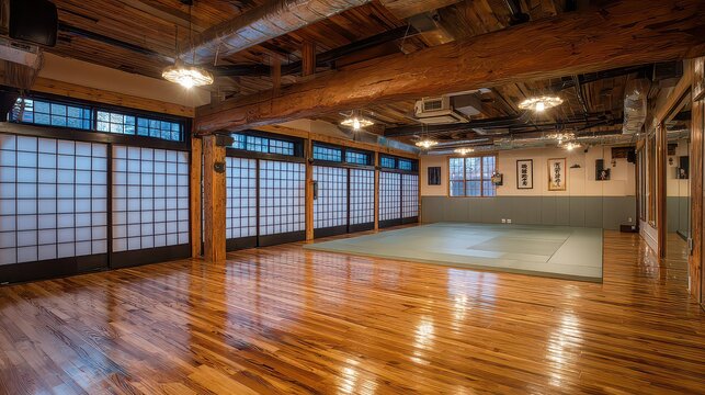 Serenely lit traditional karate dojo with rustic wooden accents, roll-out training mat, and delicate rice paper windows filtering soft natural light.