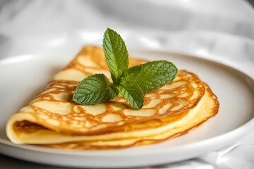 Golden Thin Pancakes Served on White Plate with Fresh Mint Garnish