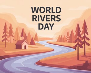 World Rivers Day Illustration Showing Peaceful Flowing River Through Nature and Mountains