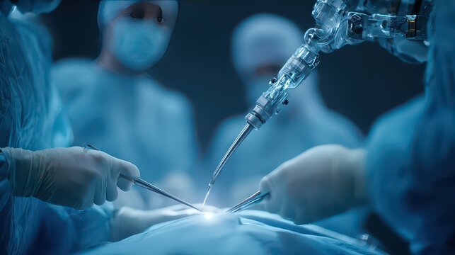 Stunning photo of close-up of a robotic arm performing a precise surgical operation in a sterile medical environment with advanced technology and skilled healthcare professional.