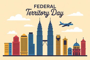 Obraz premium Federal Territory Day Celebration with Malaysia Skyline Silhouette and National Flags Illustration