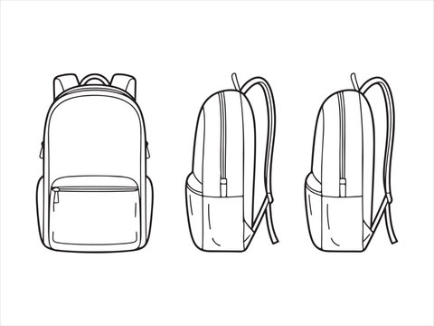 Set of Backpack bag flat sketch fashion, with front, back and side view, black and white vector illustration. 