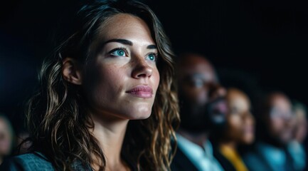 Fototapeta premium Groupe de personnes d'affaires écoutant une présentation avec une femme charmante avec des cheveux longs au premier plan regardant la scène avec une expression concentrée et attentive sur le visage.