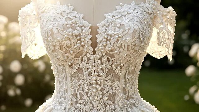 A stunning close-up showcases the intricate details of a luxurious wedding gown bodice on a mannequin. Set in a beautiful, sun-drenched garden, the delicate lace, pearls, and ornate embroidery gleam i