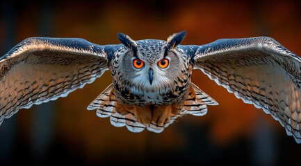 Une chouette en vol, ailes d&eacute;ploy&eacute;es, yeux orange fixant l'objectif, sur un fond aux teintes allant du brun fonc&eacute; &agrave; l'ambre clair, sc&egrave;ne captur&eacute;e par un photographe animalier professionnel.