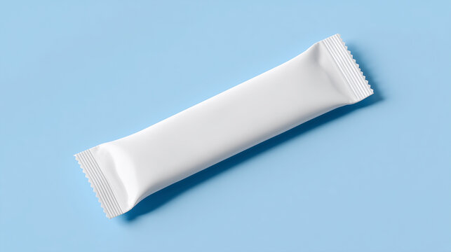ブルー背景に置かれた白いスティック包装（無地パッケージのモックアップ） / Plain white stick sachet packaging mockup on blue background, minimal single-serve wrapper