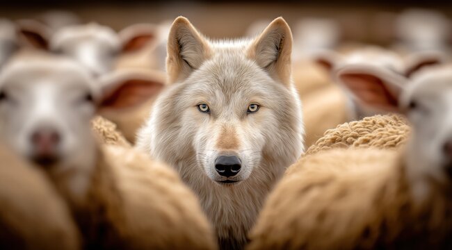 Un loup blanc au milieu d'un troupeau de brebis regardant l'objectif.