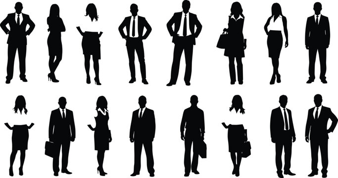 Black business people silhouette set, professional men and women in suits standing, corporate group collection isolated on white background vector