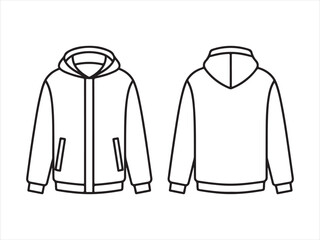 Hoodie technical drawing, Front and back hoodie technical sketch with zipper pockets hood drawing flat vector illustration