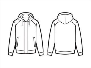 Hoodie technical drawing, Front and back hoodie technical sketch with zipper pockets hood drawing flat vector illustration