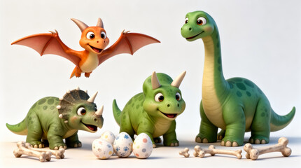 Naklejka premium Playful Cartoon Dinosaur Family Gathering Around Eggs and Bones - Triceratops, Stegosaurus, Brontosaurus, and Pterodactyl Illustration