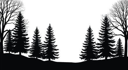 Fototapeta premium Black and white forest silhouette, coniferous pine trees, bare branches, winter landscape, natural clearing, serene woodland scene, artistic nature illustration, scenic design