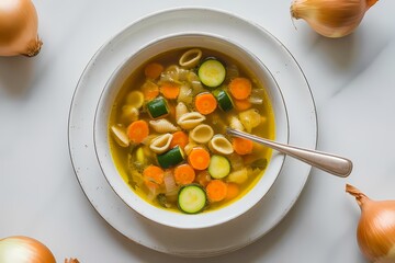 Warm Homemade Vegetable Soup Served with Fresh Dill and Rustic Bread on Table
