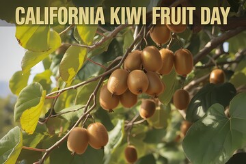 California Kiwi Fruit Day Celebration with Ripe Kiwis Hanging on Vine in Orchard