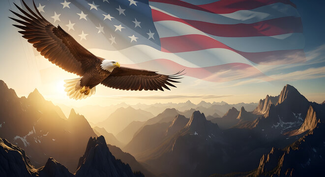 A majestic bald eagle soaring through the sky with the American flag waving in the background, set against a stunning mountain landscape at sunset