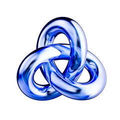 Abstract 3D rendering blue glass trefoil knot on white background. Elegant glossy liquid metal texture with reflection and transparency for creative graphic design and web projects.