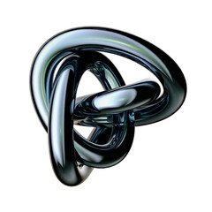 A continuous glass tube twisted into a knot with a metallic sheen on a white background. 3D rendering  abstract design element.