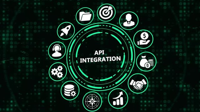 API Integration and Software Development Concept with Digital Icons and High-Tech Green Matrix Background for Business Connectivity and Information Technology Services.