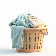 Soft, pastel laundry overflowing a beige basket, perfect for domestic life, cleaning, and cozy home design concepts.