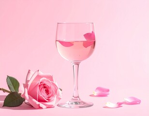 Ros&eacute; in stemmed glass. Elegant wine glass with ros&eacute; and floating petal on pink table, romantic lifestyle or beverage editorial image.