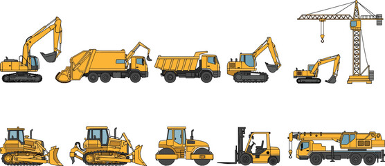 Construction vehicle set with excavator dump truck crane and bulldozer silhouettes in yellow and black cad drawing flat vector illustration © Farzana