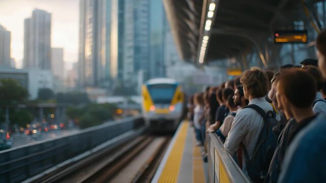 Crowded train platform filled with commuters waiting during rush hour, people standing close together, urban transportation scene, daily routine, motion blur atmosphere, public transit pressure and