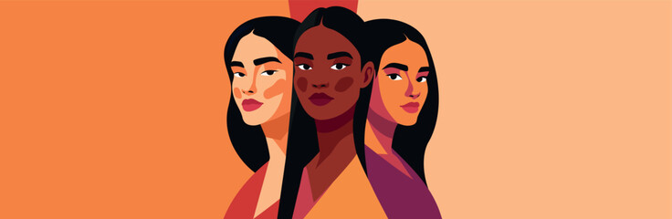 International Women's Day, March 8. Vector bright horizontal banner with space for text, women of different cultures, nationalities together. Feminism, freedom, gender equality, women's empowerment