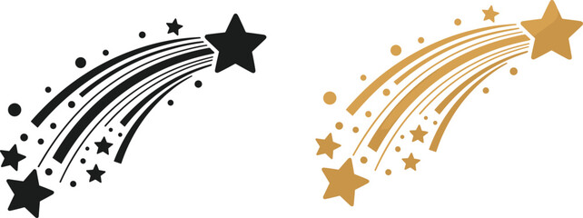 Set of shooting star icons featuring elegant gold and black celestial designs with sparkling trails and comet tails for magic, celebration, and nocturnal backgrounds. © Itz Majbahuil Here