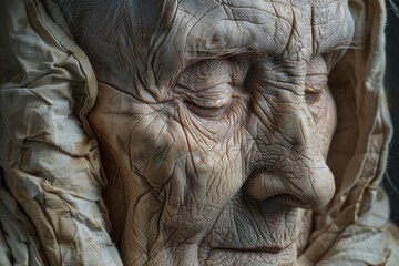 Close up portrait capturing the intricate wrinkles and serene expression of an elderly woman, highlighting the beauty of aging and a lifetime of experiences