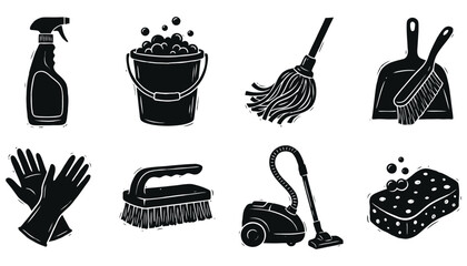 Cleaning Supplies Icons Set - Woodcut Style