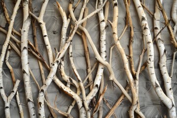 Birch branches arranged on a wooden background, forming a rustic, nature inspired pattern ideal for backgrounds and design elements
