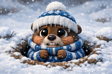 Groundhogs Day Conceot. Cold Ground Hog Coming Out of His Hole to a Extended Winter