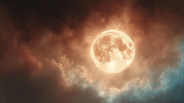 Dramatic full moon glowing through swirling orange storm clouds for spooky Halloween concepts.

