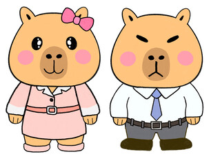 Cute hand drawn capybara cartoon characters in office work outfits, soft pastel colors, playful expressions, perfect for stickers, kids designs, and creative illustrations.