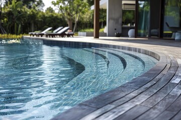 Naklejka premium Inviting swimming pool with wooden deck and steps creating a relaxing atmosphere in a luxury resort