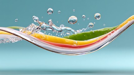 Colorful Swirling Liquid Wave With Green Leaf Splashing Water Droplets Clear Light Blue Background Studio Shot