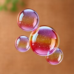 Iridescent Soap Bubbles Floating Against a Warm Blurred Background with Soft Light