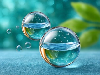 Two Large Water Droplets Reflecting Blue Sky and Green Leaves on Textured Surface