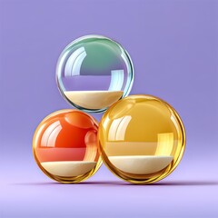 Three Clear Glass Spheres Filled With Sand In Different Colors Orange Yellow Blue On Lilac Background