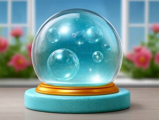 Crystal Snow Globe With Floating Bubbles and Glitter on Wooden Surface with Blurred Floral Background