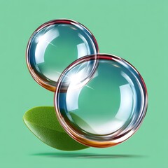 Two Clear Spherical Bubbles With Red Rim And Reflective Surfaces Floating Above Green Leaf On Light Green Background