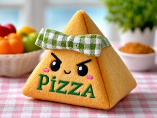 Funny Yellow Pizza Pyramid Plush Toy with Green Bow Tie and Angry Face