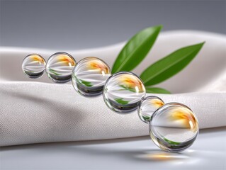 Macro Close Up Of Water Droplets On White Fabric With Green Leaves Natural Light Soft Focus